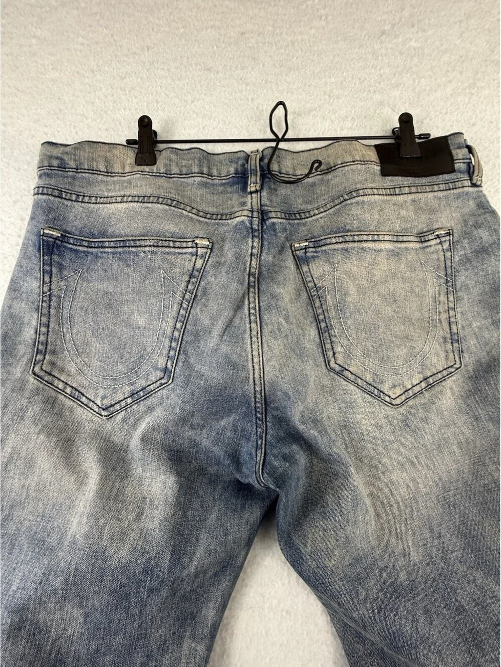 True Religion Men’s Blue Light Wash Relaxed Slim Distressed Mid Rise Jeans